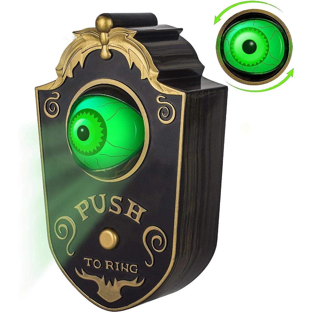 Sonnette d'Halloween à œil animé noire et dorée : œil vert pivotant lumineux