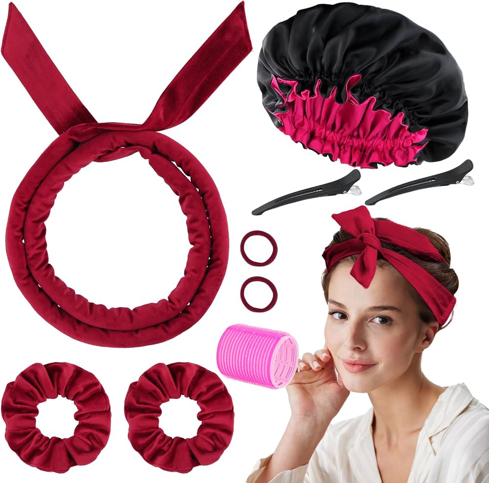 Kit de boucles sans chaleur bordeaux : bandeau en satin, bonnet de nuit, pinces, chouchous et bigoudi