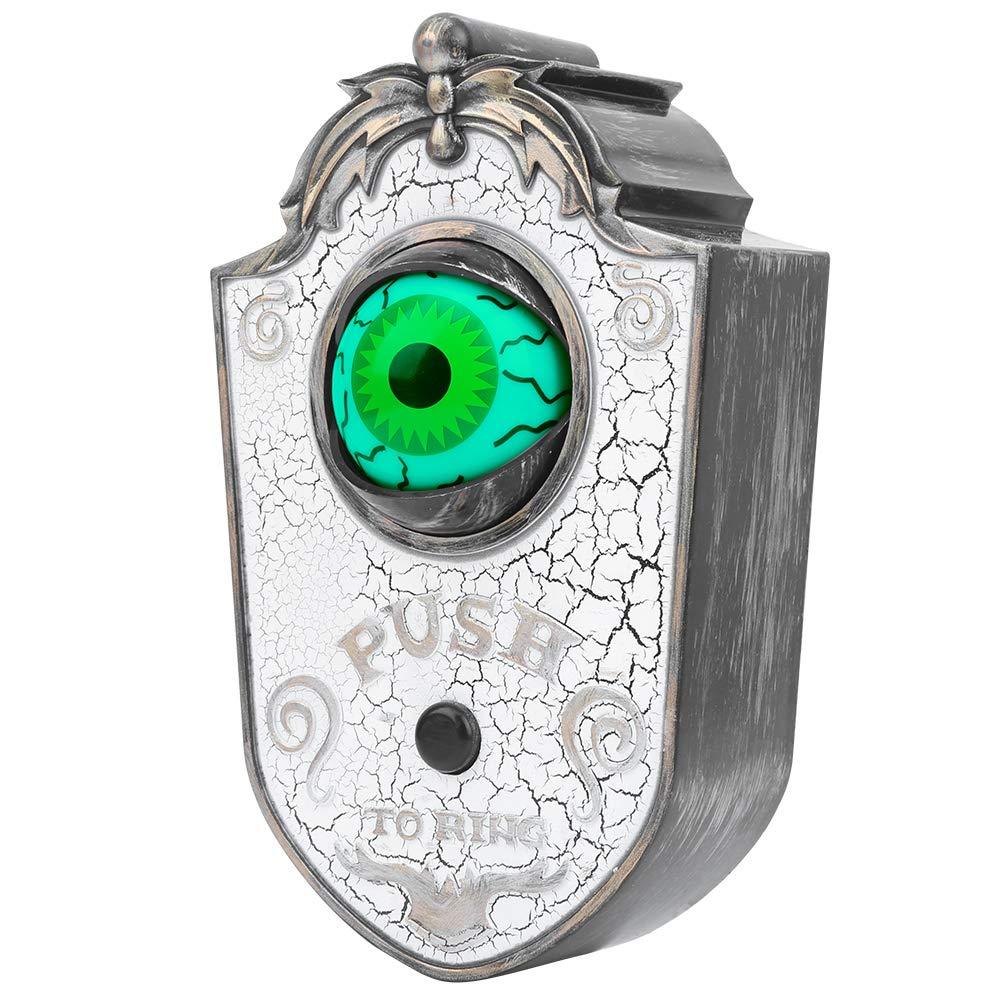 Sonnette d'Halloween à œil animé blanche : œil vert lumineux avec inscription Push to ring