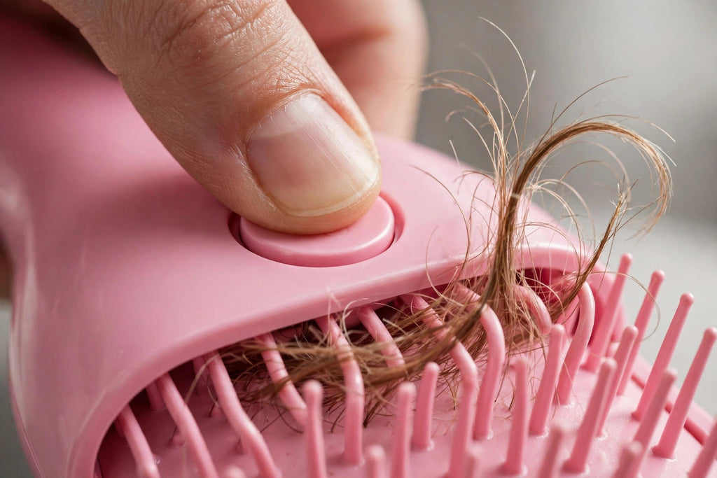 Bouton autonettoyant en action : les cheveux se retirent des picots en un clic