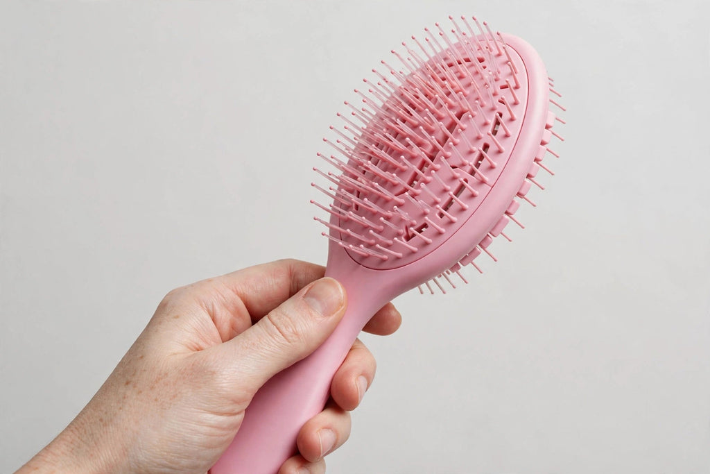 Brosse démêlante rose en main, taille réelle