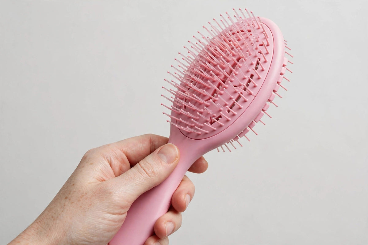 Brosse démêlante rose en main, taille réelle