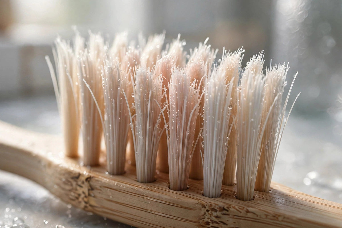 Gros plan sur les poils doux d'une brosse à dents en bambou écologique