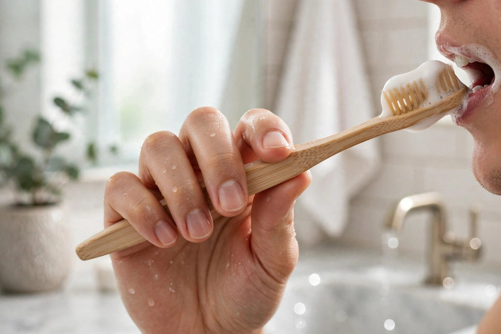Brosse à dents en bambou en main pendant le brossage