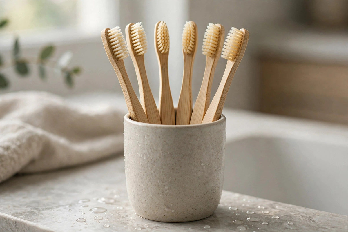 Brosses à dents en bambou dans un gobelet de salle de bain