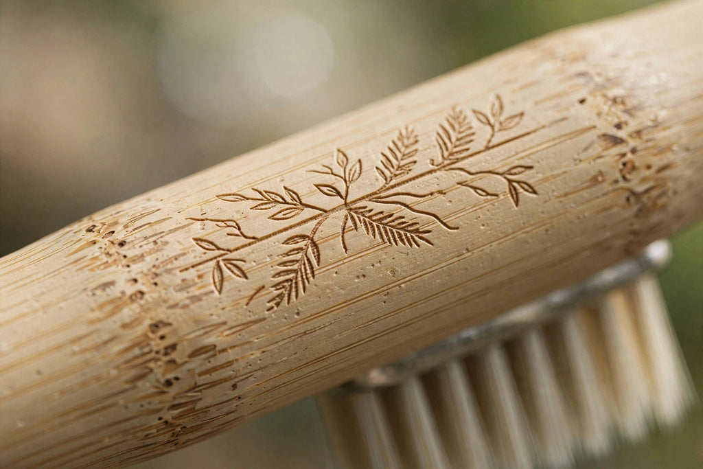 Détail du manche en bambou gravé de la brosse à dents écologique