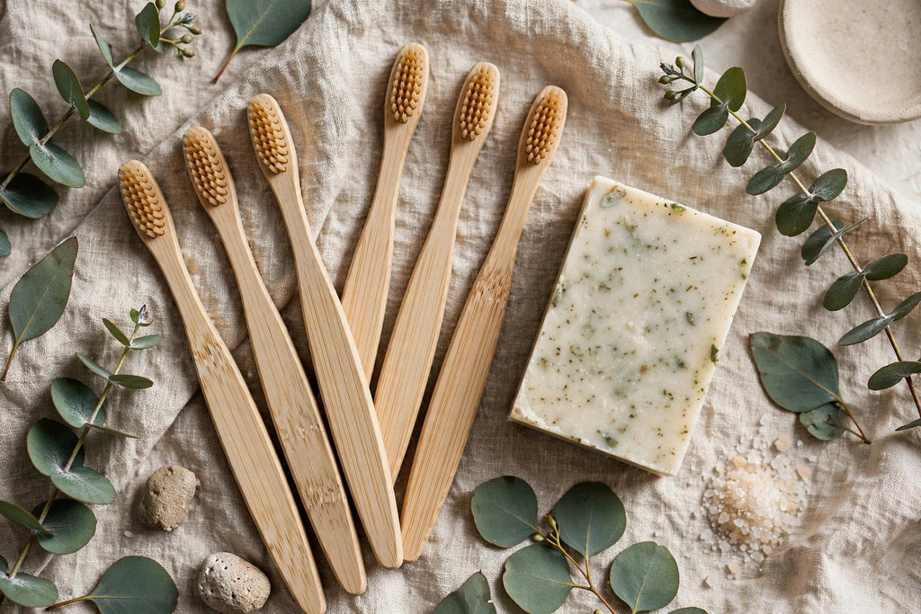 Brosses à dents en bambou avec savon naturel – ambiance salle de bain éco