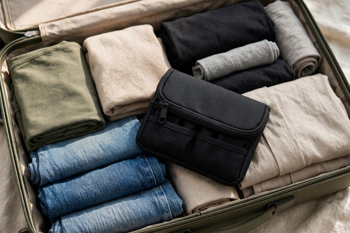 Organisateur de câbles rangé dans une valise