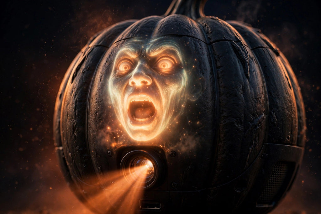 Gros plan du visage animé qui parle de la citrouille Halloween, la nuit