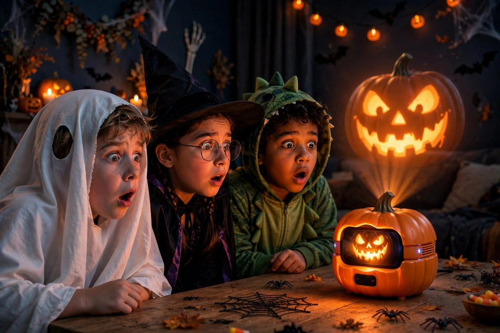 Enfants émerveillés devant la citrouille animée parlante