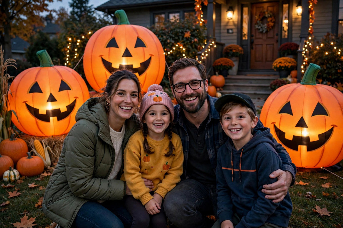 Famille devant les citrouilles gonflables géantes LED