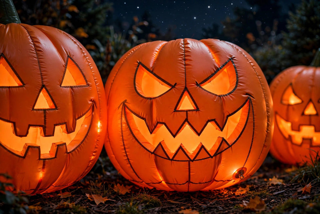 Citrouilles gonflables géantes LED illuminées la nuit, gros plan