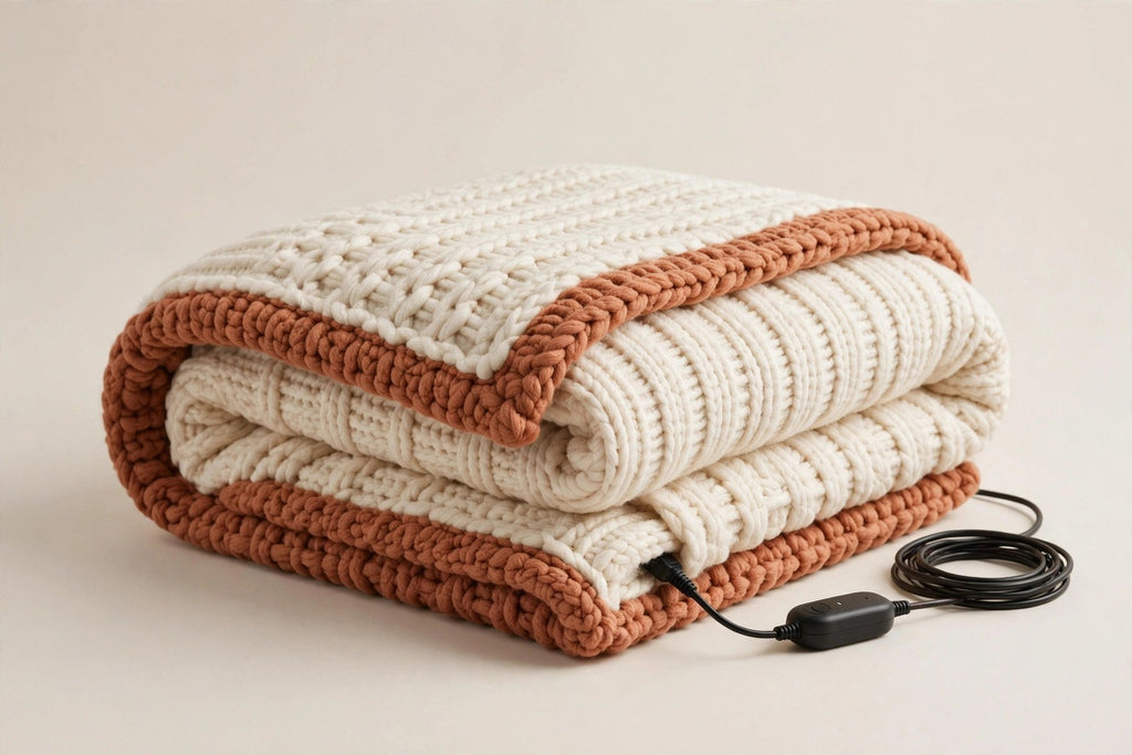 Couverture chauffante électrique crème et terracotta, pliée – vue d'ensemble