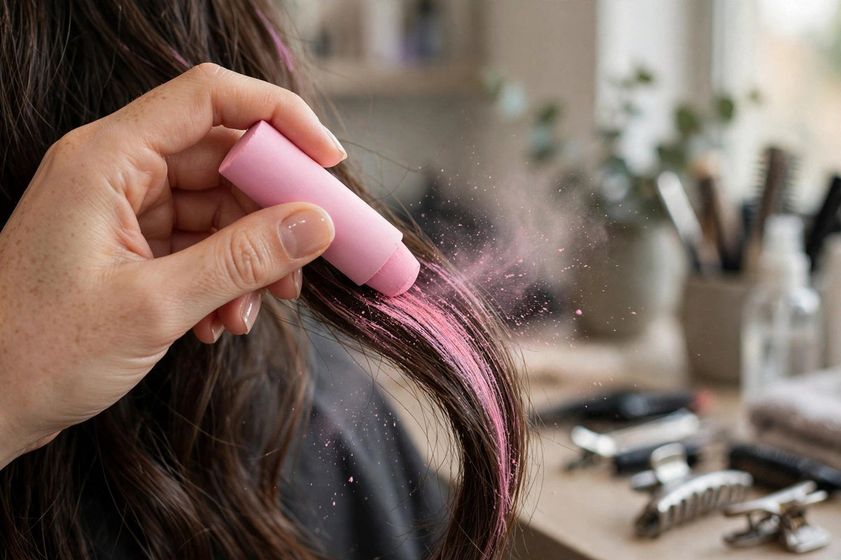 Application d'une craie colorée sur une mèche de cheveux