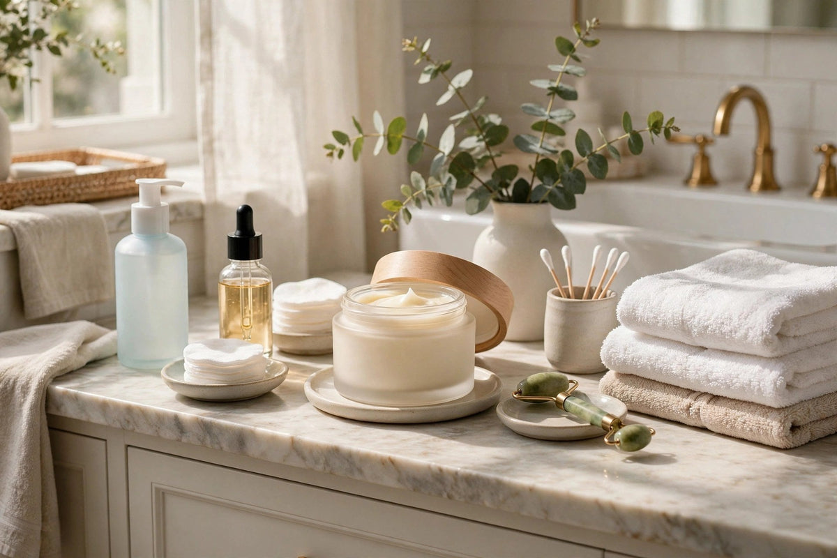 Routine beauté avec la crème correctrice dans une salle de bain