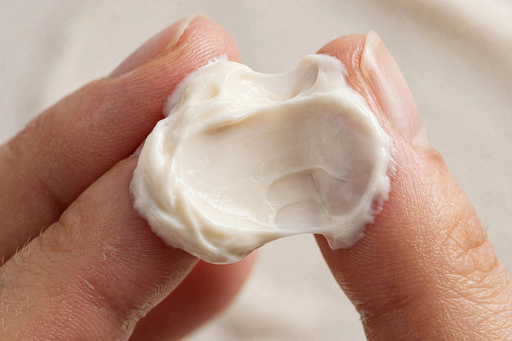 Texture soyeuse de la crème sur le bout des doigts