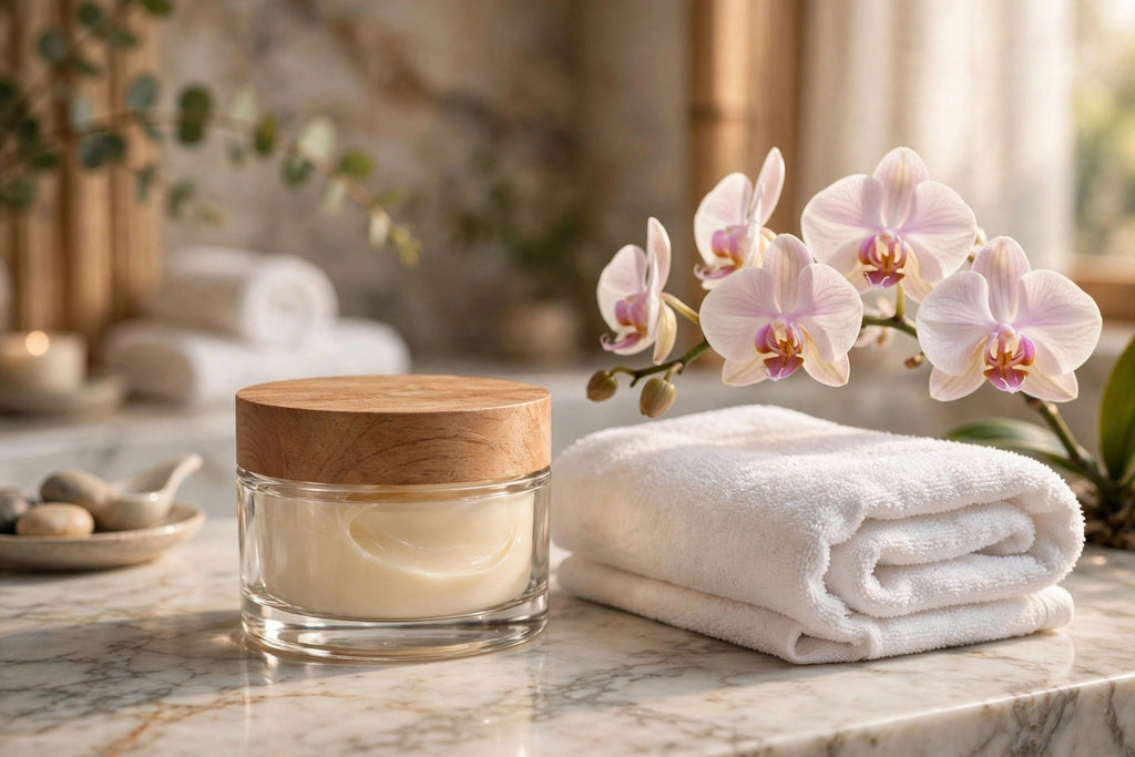 Crème correctrice dans une ambiance spa élégante