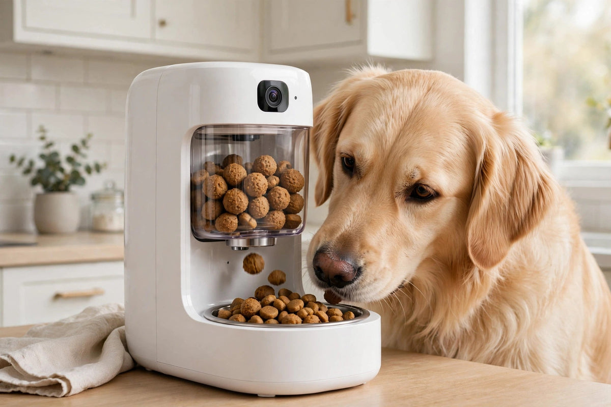 Golden retriever mangeant dans la gamelle d'un distributeur automatique intelligent blanc avec caméra intégrée