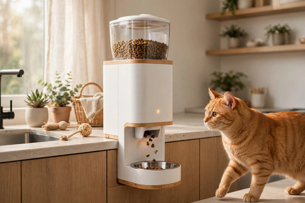 Distributeur automatique installé dans une cuisine lumineuse, un chat roux s'en approche