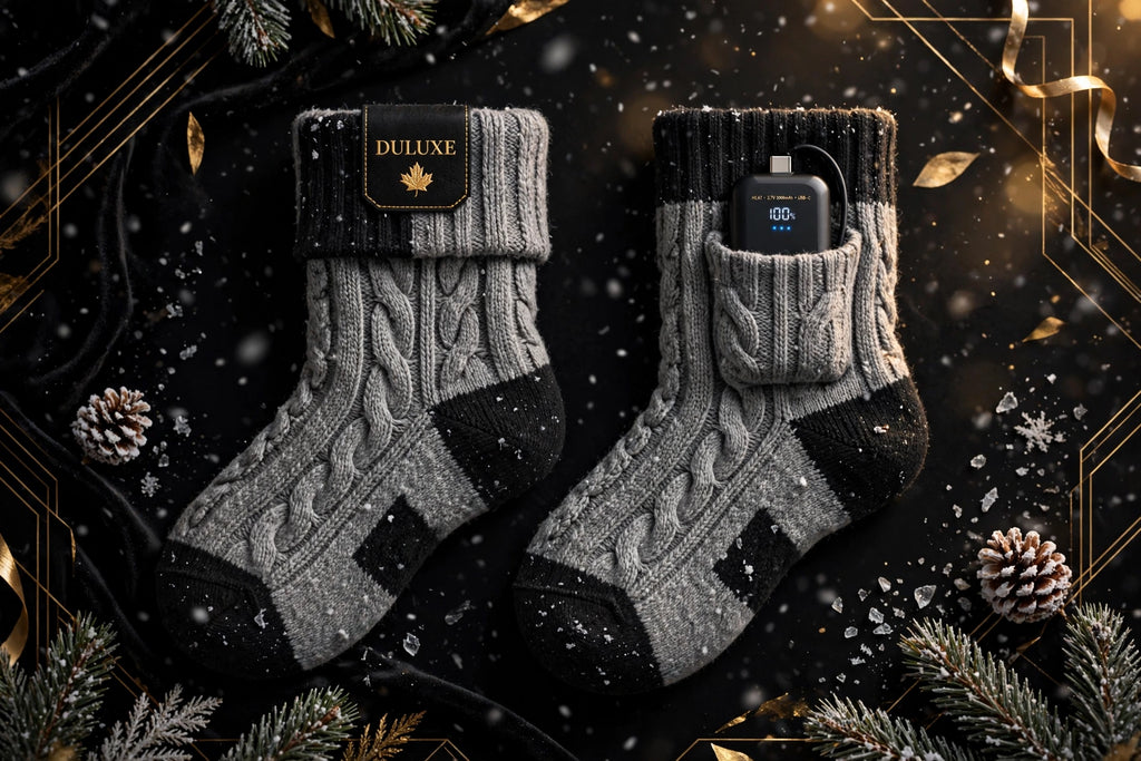 Chaussettes chauffantes rechargeables pour homme grises et noires présentées sur fond noir et doré DULUXE, batterie visible, ambiance hivernale premium