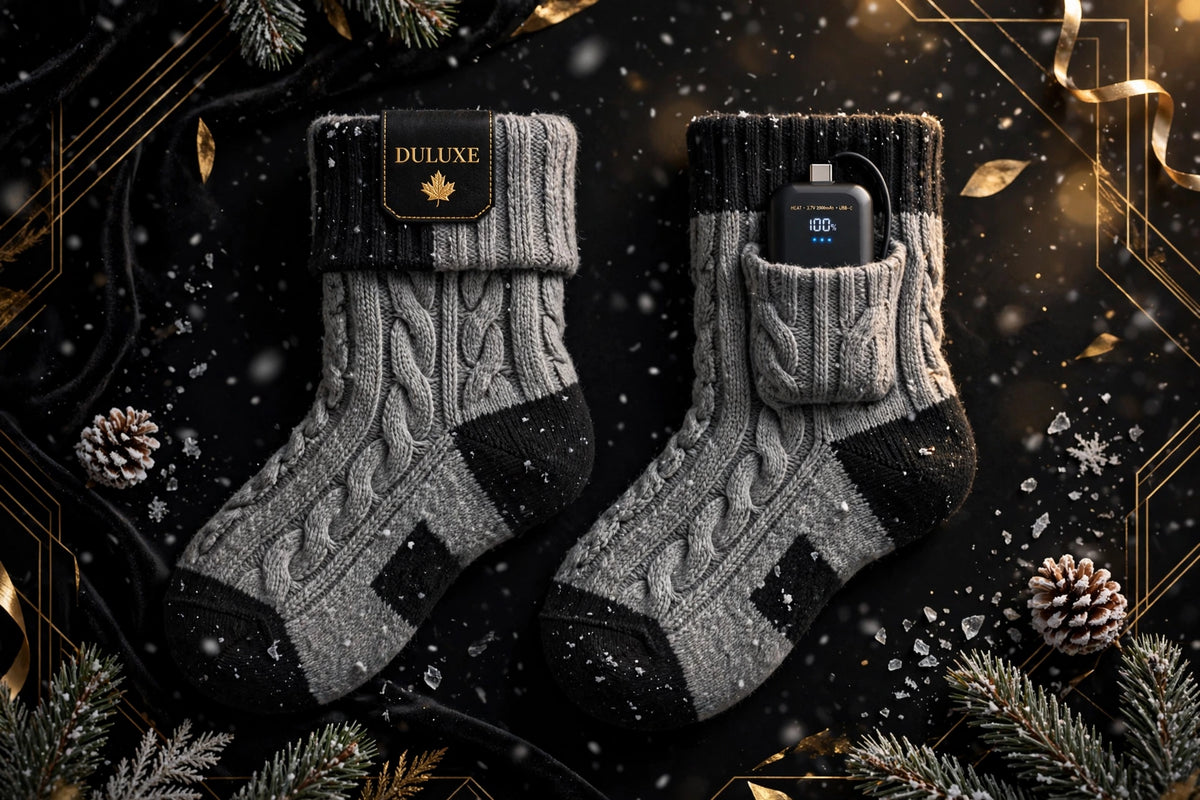 Chaussettes chauffantes rechargeables pour homme grises et noires présentées sur fond noir et doré DULUXE, batterie visible, ambiance hivernale premium
