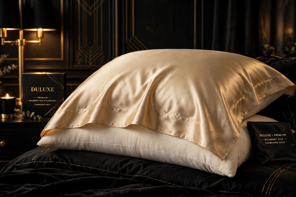 Taie d'oreiller en soie de mûrier premium couleur champagne dorée sur un oreiller moelleux, chambre luxueuse sombre à l'éclairage doré DULUXE