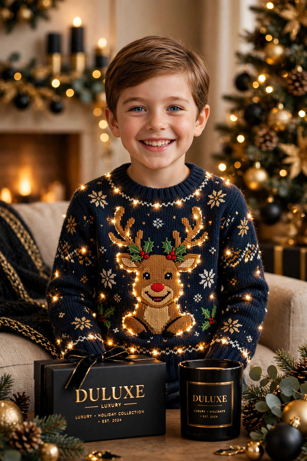 Pull de Noël lumineux pour enfant porté par un enfant souriant, motif renne joyeux et lumières douces, ambiance des Fêtes chaleureuse DULUXE noir et doré