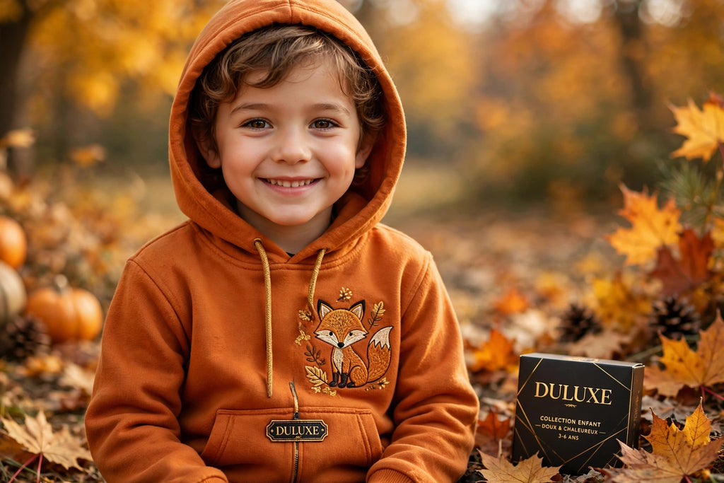 Enfant souriant portant le sweat à capuche motif renard DULUXE dans un décor automnal, visuel principal
