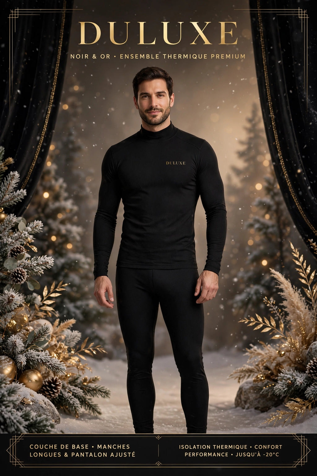 Homme portant l'ensemble thermique noir DULUXE, haut et pantalon doublés, couche de base chaude pour affronter le froid, ambiance hivernale premium noir et doré