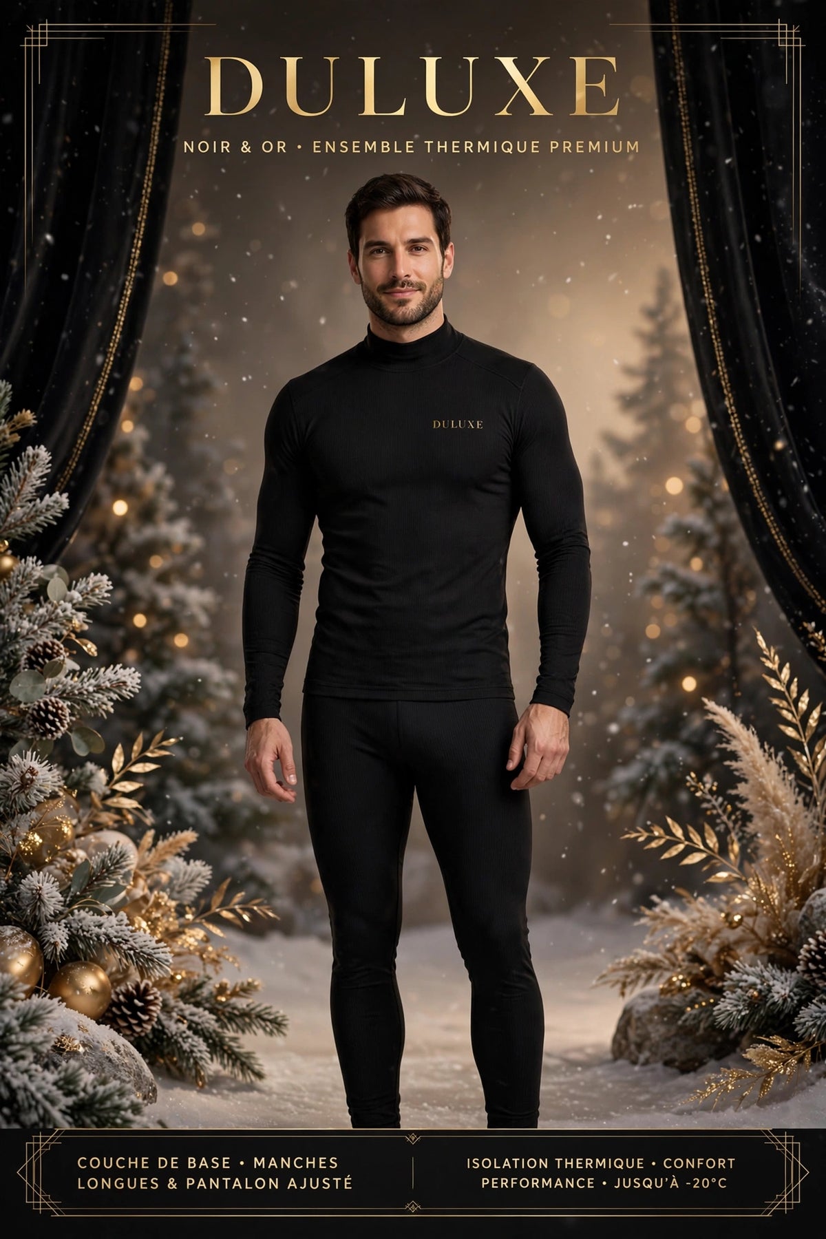 Homme portant l'ensemble thermique noir DULUXE, haut et pantalon doublés, couche de base chaude pour affronter le froid, ambiance hivernale premium noir et doré