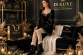 Collants thermiques doublés polaire effet chair portés avec une robe d'hiver élégante, jambes sublimes et bien au chaud, présentation premium DULUXE noir et doré