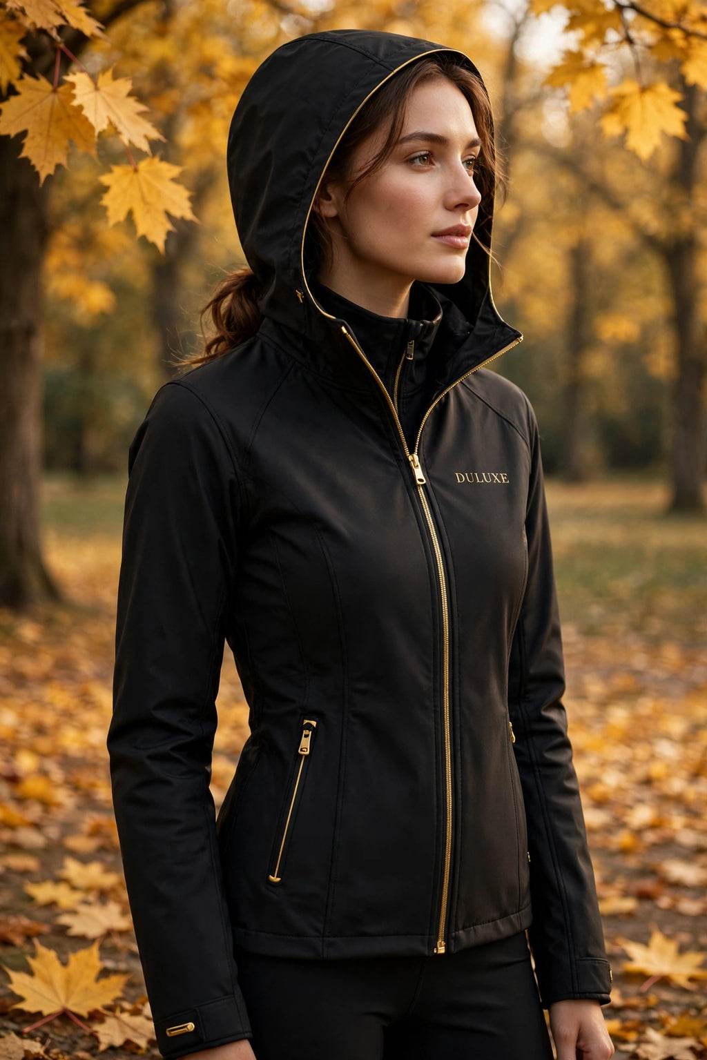 Femme portant la veste softshell imperméable noire DULUXE en extérieur automnal, coupe cintrée élégante