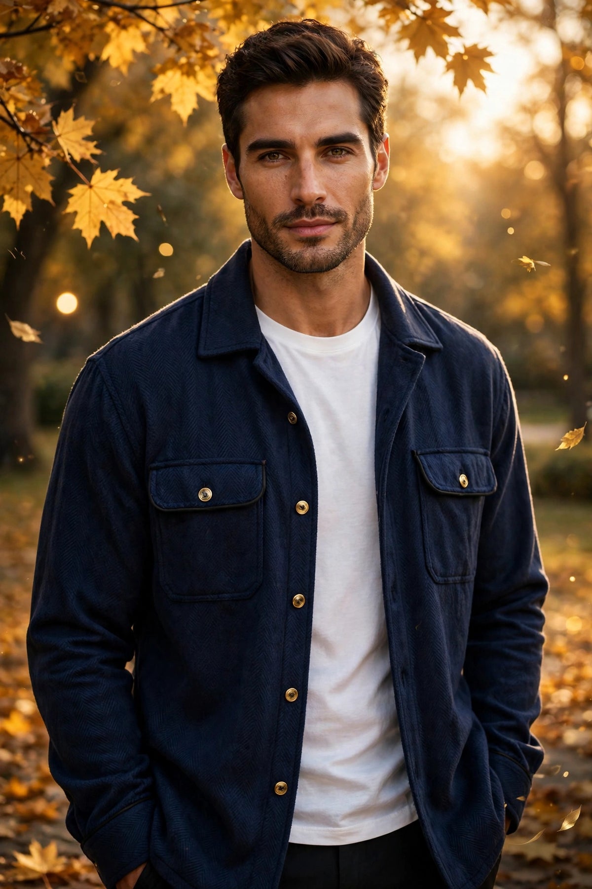 Homme portant la surchemise pour homme en flanelle douce bleu marine portée ouverte sur un t-shirt, décor automnal chic, visuel principal DULUXE