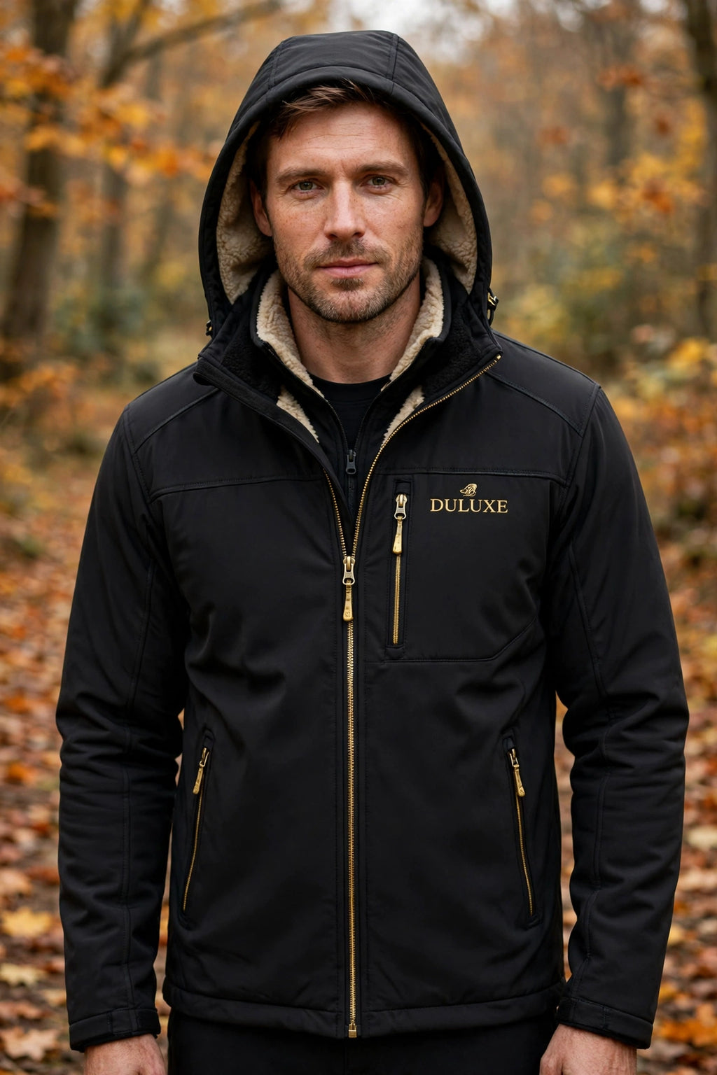 Homme portant la veste softshell noire doublée polaire DULUXE en extérieur automnal