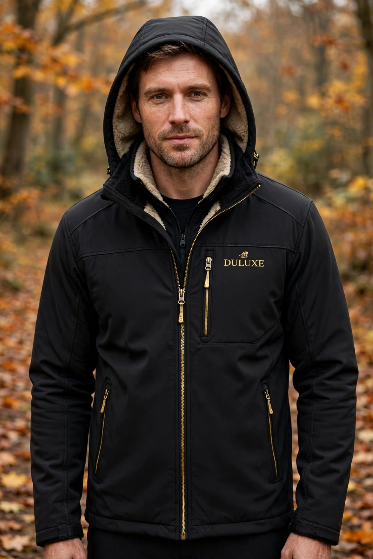 Homme portant la veste softshell noire doublée polaire DULUXE en extérieur automnal