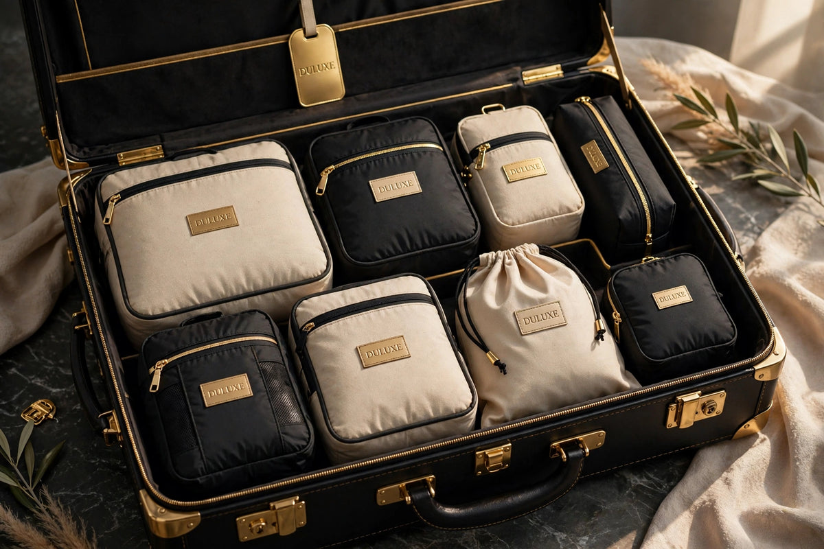 Set d'organisation de voyage premium 8 pièces DULUXE dans une valise ouverte, cubes beiges et noirs élégants