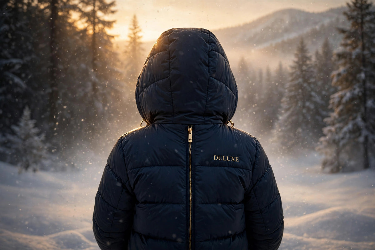 Enfant de dos, capuche relevée, portant la doudoune d'hiver DULUXE bleu nuit et jouant dans la neige, présentation premium noir et doré