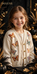 Fillette souriante portant le cardigan papillon en maille douce crème DULUXE, visuel principal