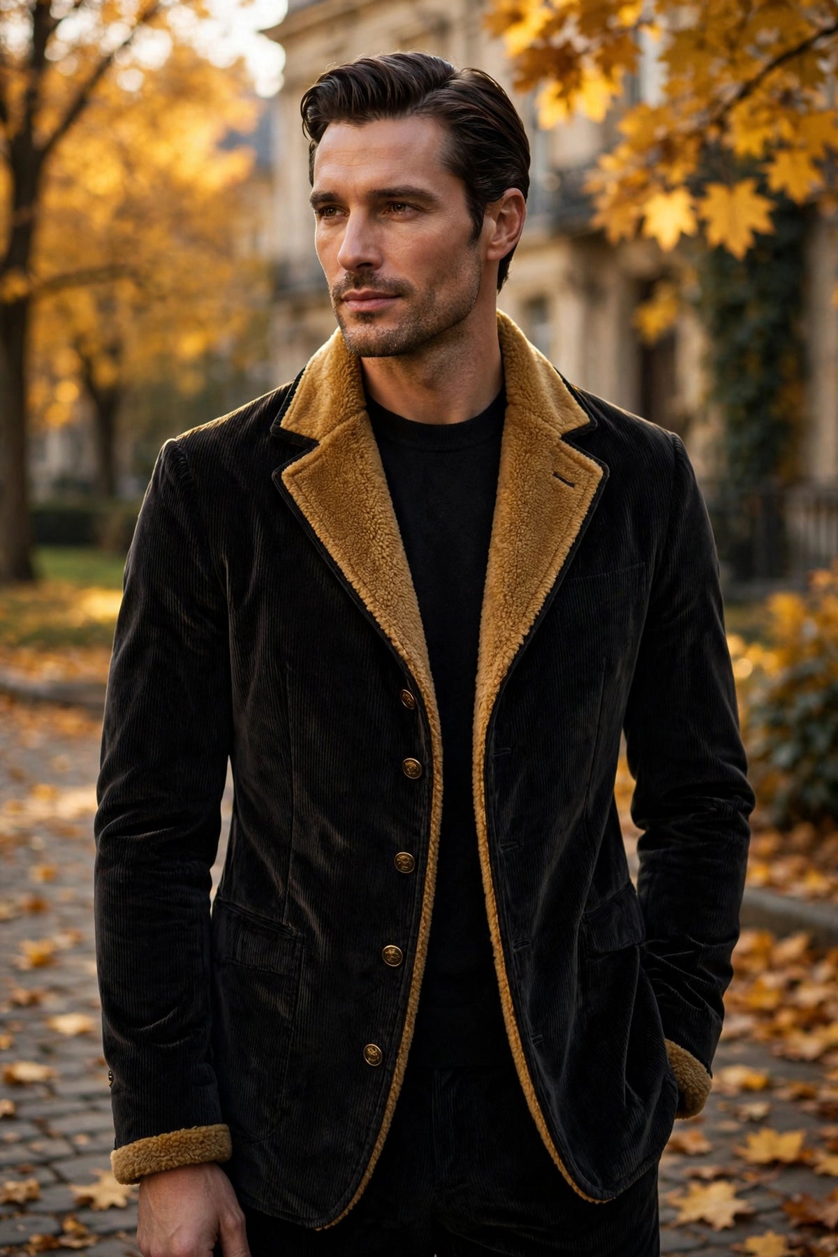 Homme élégant portant la veste en velours côtelé noir charbon DULUXE en extérieur automnal, présentation premium noir et doré