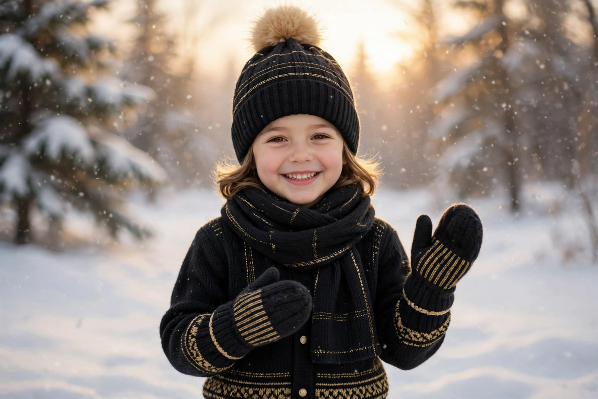 Enfant souriant portant l'ensemble d'hiver 3 pièces pour enfant DULUXE — bonnet, écharpe et moufles assortis — dans la neige