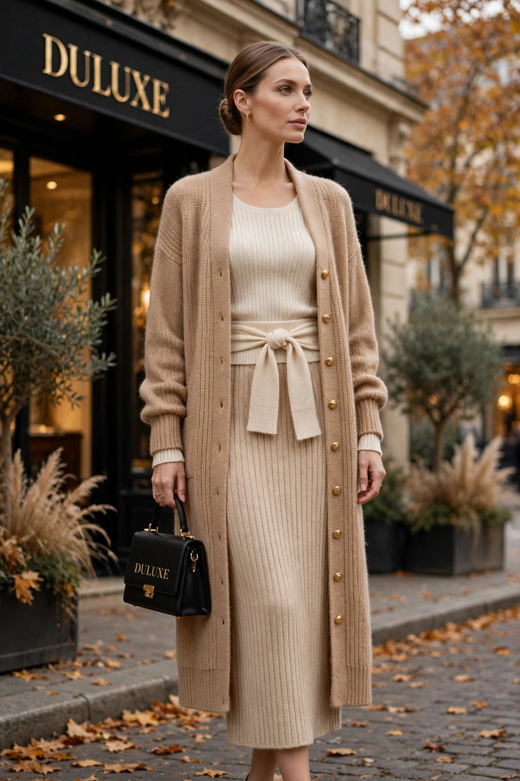 Ensemble cardigan 4 pièces pour femme porté au complet, allure élégante façon old money, tons crème et camel, maille douce DULUXE