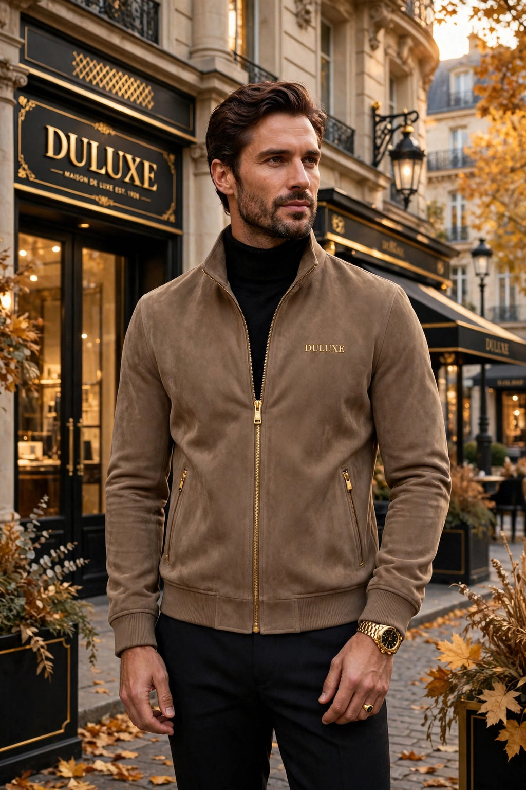 Homme portant la veste pour homme en suède souple camel DULUXE dans un décor urbain automnal chic, visuel principal