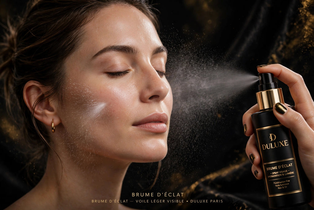 Vaporisation du spray identificateur sur la joue, voile léger qui révèle le duvet facial