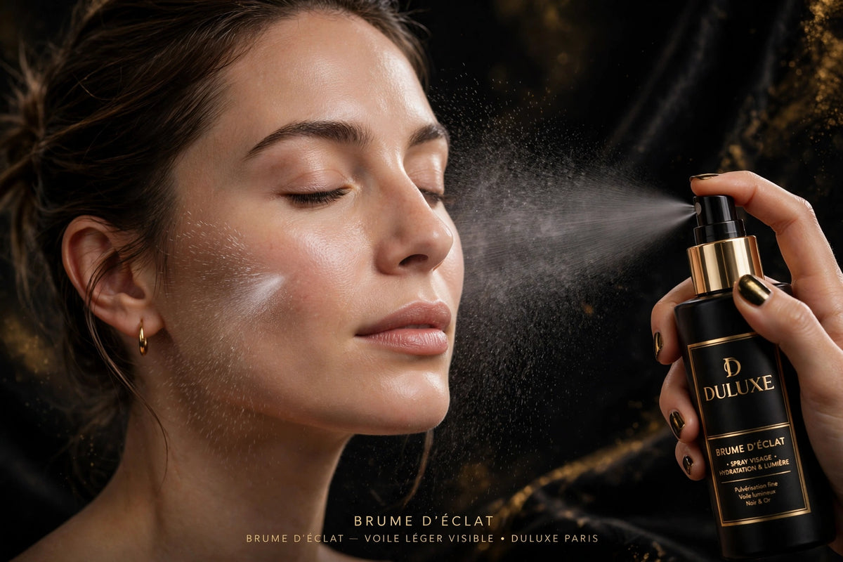 Vaporisation du spray identificateur sur la joue, voile léger qui révèle le duvet facial