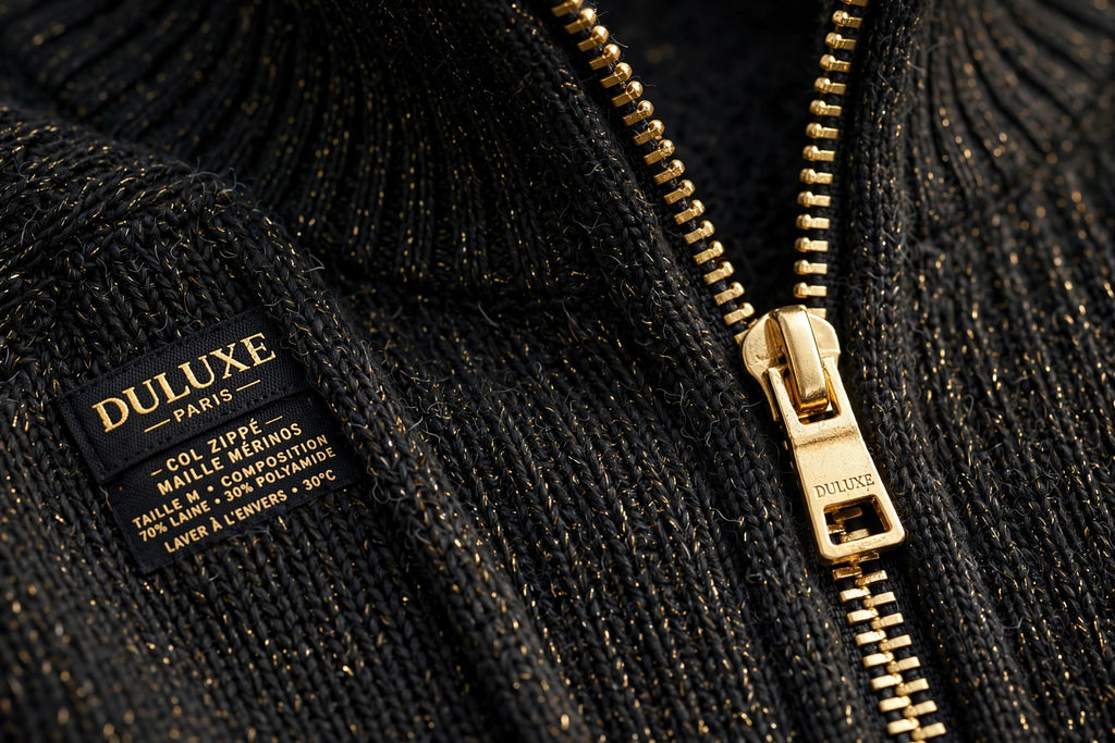 Gros plan du col zippé métallique et de la maille du pull pour homme DULUXE