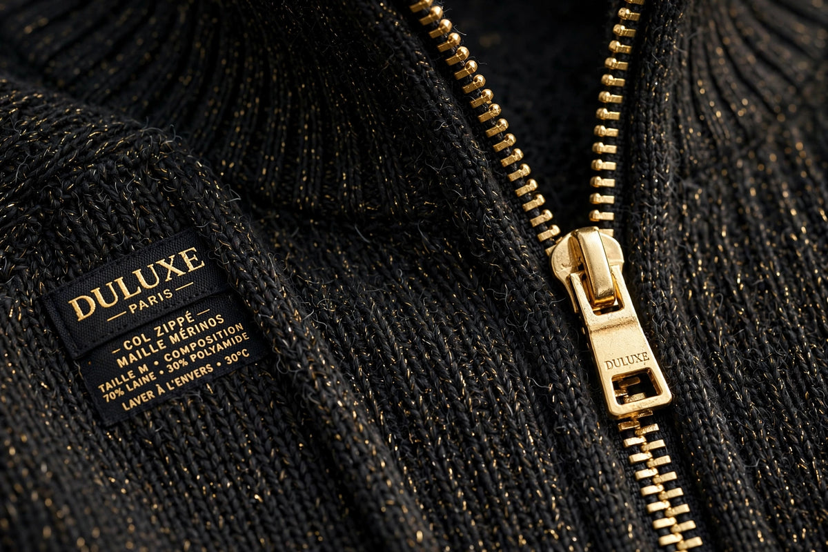 Gros plan du col zippé métallique et de la maille du pull pour homme DULUXE