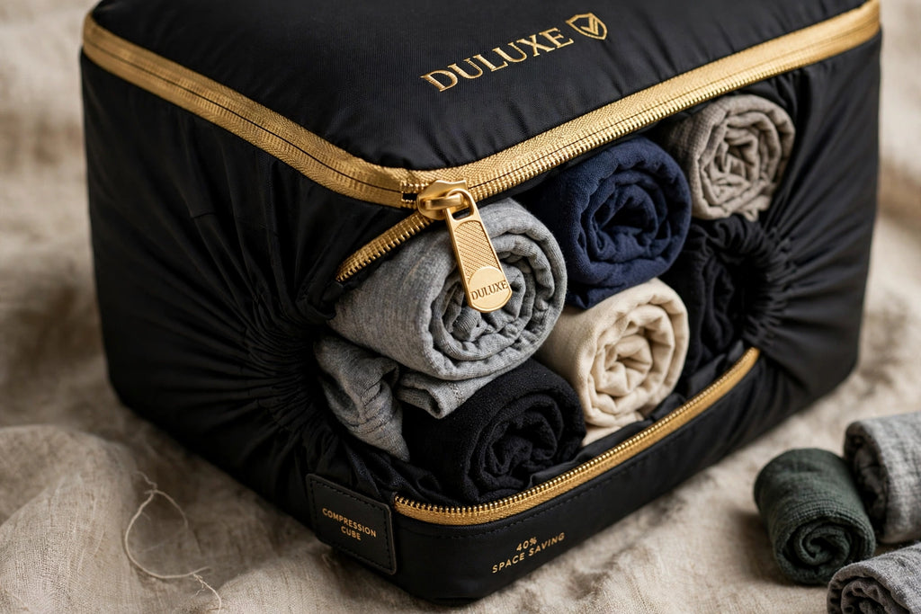 Cube de compression en action avec vêtements roulés comprimés, fermeture dorée DULUXE