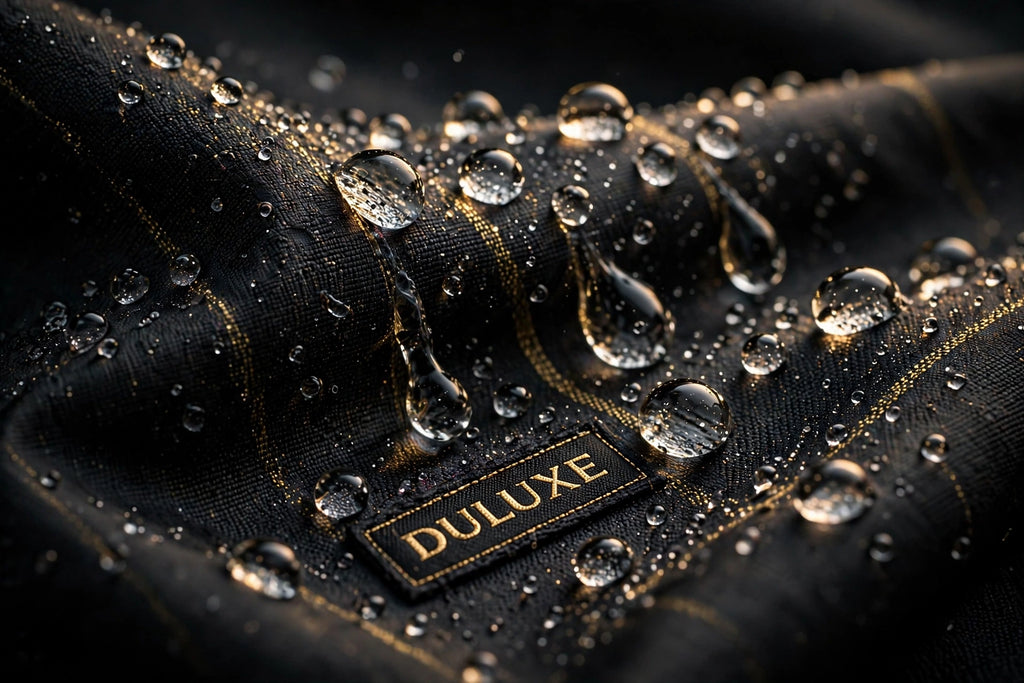Gros plan sur la pluie qui perle sur le tissu déperlant noir du coupe-vent DULUXE