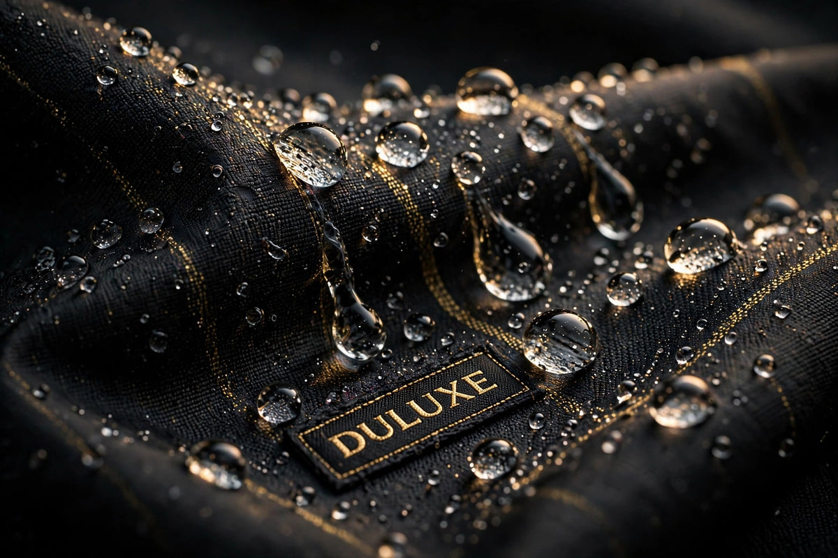 Gros plan sur la pluie qui perle sur le tissu déperlant noir du coupe-vent DULUXE