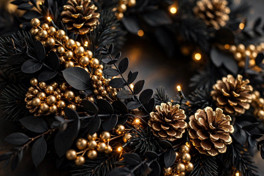 Gros plan sur les branches, baies dorées, pommes de pin et micro-LED chaudes de la couronne de Noël
